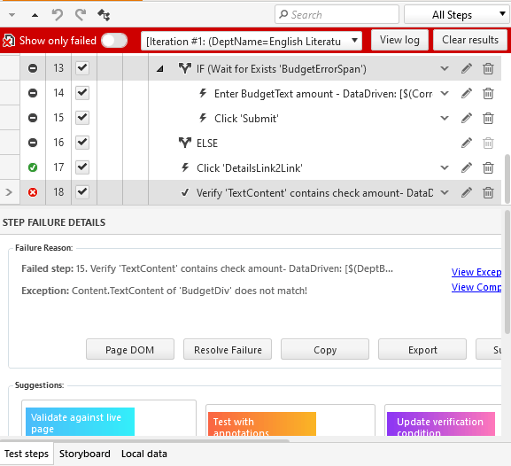 The test script after a failed run. At the top of the test script a red bar is displayed with a dropdown list in the middle. The dropdown list shows “Iteration #1: (DeptName = English” and then is cut off by the width of dropdown list. At the bottom of the test script is a pane labelled Step Failure Details with tools for recording and analyzing the failing test.