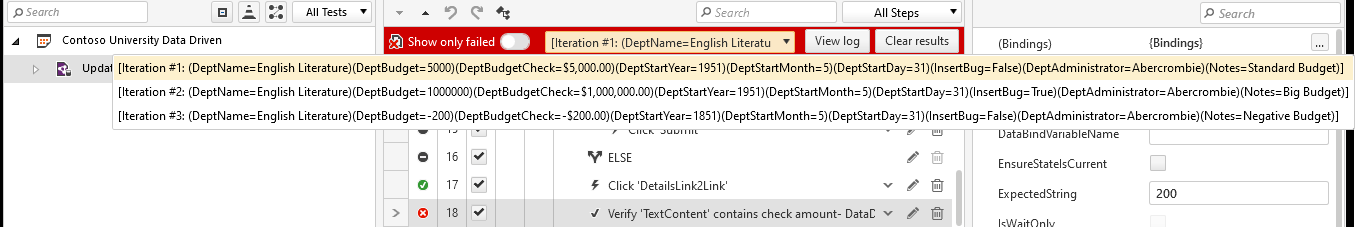 The test script after a failed run with the dropdown list in the middle of the red bar at the top expanded. The dropdown list shows three entries beginning “Iteration #1”, “Iteration #2”, and “Iteration #3” along with the data used in each iteration. The dropdown list’s options are displayed across the width of the Test Studio screen