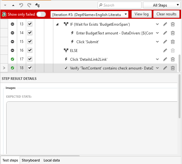 The test script after a failed run will also show steps that have succeeded, with green checkmarks