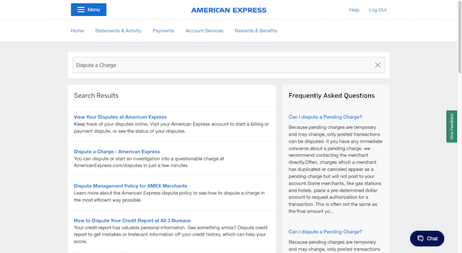 American Express search results page A search for “Dispute a charge” in American Express displays Search Results like “view Your Disputes at American Express” and “Dispute a Charge - American Express”. In addition, a Frequently Asked Questions sidebar appears on the right with answers to questions like “Can I dispute a Pending Charge?”.