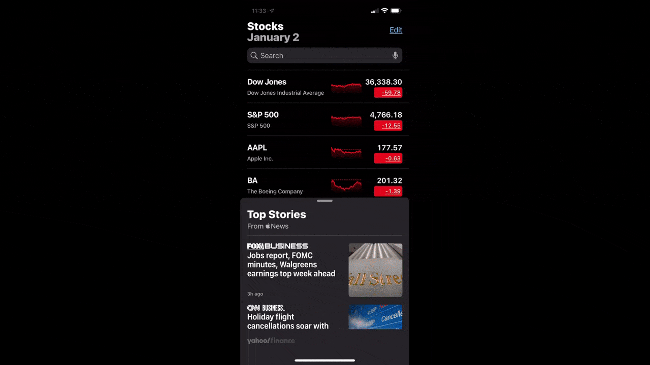 Apple Stocks app voice search GIF The Apple Stocks mobile app enables users to use voice search to look up stocks. In this GIF, the user activates voice search and the query “Disney” appears in the search form along with a matching list of results beneath it.