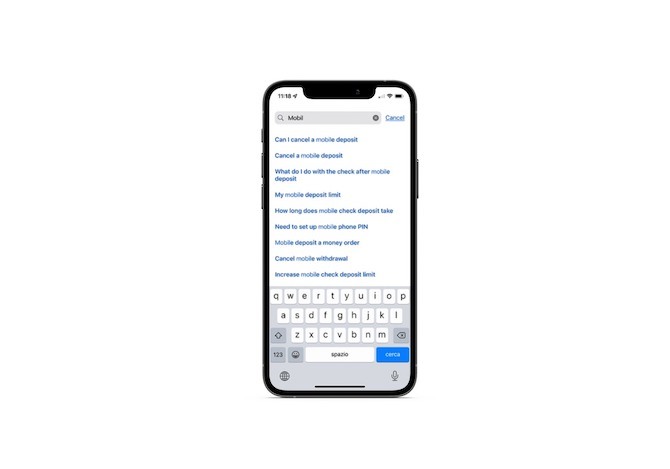 Bank of America mobile app search In the Bank of America mobile app, a user searches for “Mobil” and the search form autosuggests a number of results: Can I cancel a mobile depot, Cancel a mobile deposit, What do I do with the check after mobile deposit, etc.