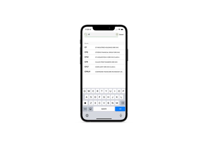 Fidelity Investments mobile app search A user searches for “cf” in the Fidelity Investments mobile app search bar. Predictive search shows them results for stocks: CF, CFG, CFVI, CFR, CFLT, and CFRUY.