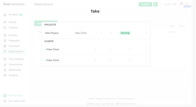Fiverr Workspace search modal When a user engaged with the Fiverr Workspace search icon, a pop-up modal appears. The app appears grayed out in the background while the white modal gives users the space to enter a query and then to display results. In this example, the user looks for “PROJECTS” and “CLIENTS” with the word “fake” in them.