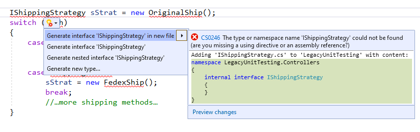Creating-Interface Visual Studio edit window showing a variable declaration using the IShippingStrategy interface. A dropdown list from the interface name shows multiple options, including “Generate interface ‘IShippingStrategy’ in a new file” which is selected. To the right of the dropdown list, a box shows a skeleton of the interface that will be generated
