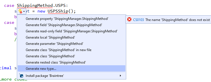 Creating-Enum-Step-1 Visual Studio edit window showing ShippingMethod being called. A dropdown list from the interface name shows multiple options, including “Generate new type” which is selected.