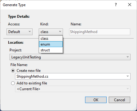 Creating-Enum-Step-2 The Generate Type dialog. The new file option at the bottom of the box is selected and has a file name -- ShippingMethod.cs – in it. At the top of the box, the Kind dropdown list is opened showing several options – the enum option is selected.