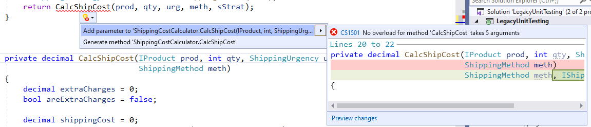 Adding-a-Parameter The ‘return CalcShipCost statement that has one more parameter than the actual method. A dropdown list from the method shows two options: the top option beginning ‘Add parameter to…’ is selected. To the right of the dropdown list, a box shows what the revised version of the method will look like after the parameter is added.