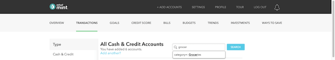 Mint app search form Mint users can conduct scoped searches in the app. In this screenshot from the “Transactions” page, the user searches for “grocer” and the form provides a matching result for “category - Groceries”.