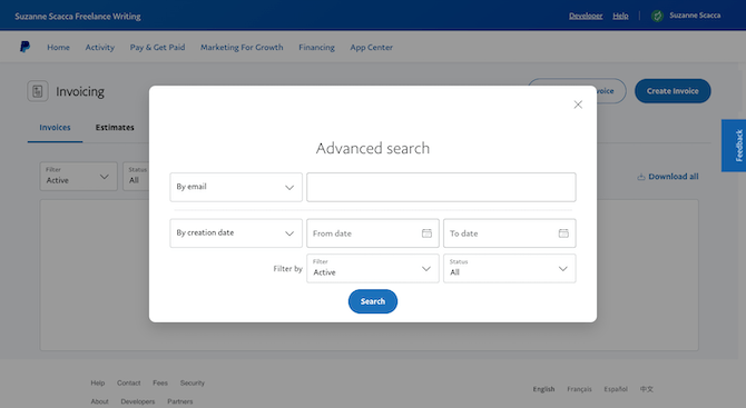 PayPal app advanced search Within PayPal’s Invoicing feature, users can do an “Advanced search” to narrow down which invoice results they see. They can filter By email, By creation date, or by status.