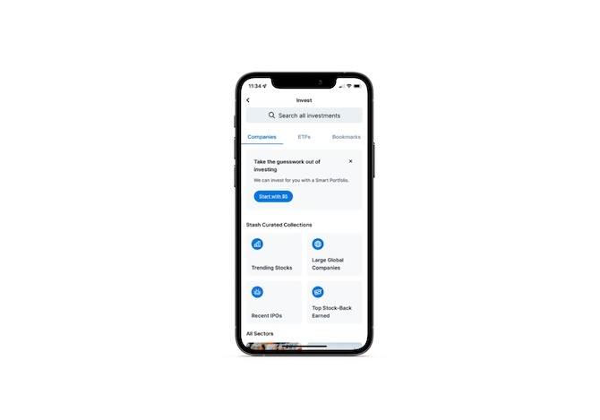 Stash mobile app search form Stash mobile app users will find a “Search all investments” form at the top of the “Invest” page.