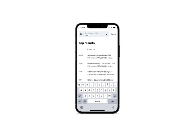 Stash mobile app search A Stash mobile app user uses the search bar at the top of the “Invest” page to “Search stocks & ETFs”. Top results of matching stocks for the query “clor” appear below it, with Clorox Co (CLX) appearing as the top result.