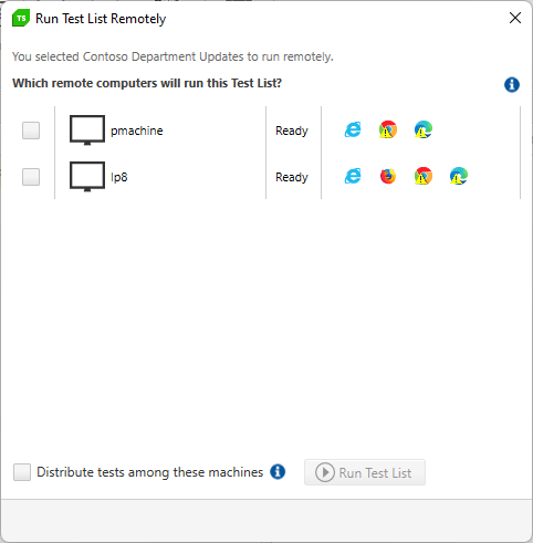 Test Studio’s Run Test List Remotely dialog as seen before. The list of connected computers now shows two computers: computer lp8 from the previous view and a new computer called pmachine (presumably the execution server now connected to the Test Studio computer)