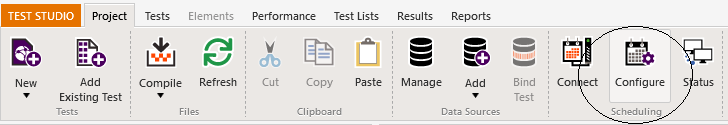 Test-Studio-E2E-Scheduling-02-Config-Menu The Test Studio menu bar with the Project tab selected. At the right hand end of the graphic, the Configuration icon is circled