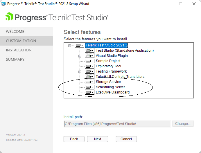 Test-Studio-E2E-Scheduling-03-Installing-TSS The dialog for customizing your installation of Test Studio showing the components that can be added or removed. The bottom three – Storage Service, Scheduling Server, and Executive Dashboard – are circled. All three of the components are marked as installed on the computer’s hard disk