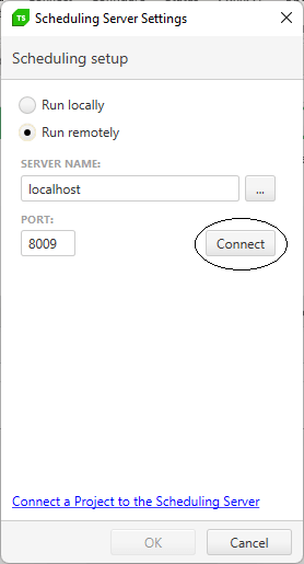 Test-Studio-E2E-Scheduling-04-Check-Install The Scheduling Server Settings dialog. The Run Remotely radio button is selected and the Server Name textbox is set to “localhost.” The port is set to the default value of 8009. The Connect button on the dialog is circled. Below the Connect button three icons are displayed indicating that the connection was successful