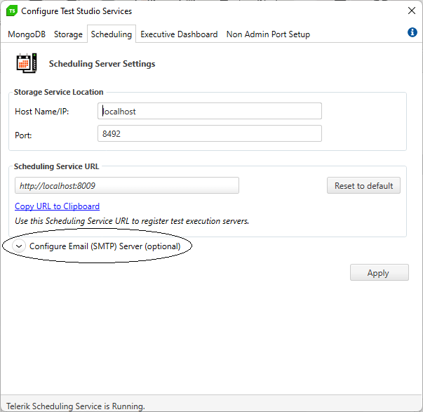 Test-Studio-E2E-Scheduling-05-Scheduling-Tab-Unexpanded The TSS configuration dialog with its third tab -- the Scheduling tab – displayed. The bottom half of the tab window is empty and the arrow with the text “Configure Email (SMTP) Server (optional)” is circled