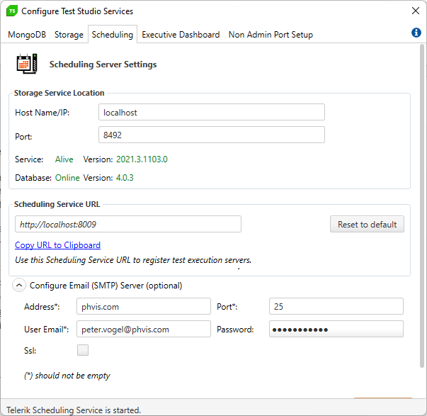 Test-Studio-E2E-Scheduling-06-Scheduling-Tab-Expanded-Completed The TSS Scheduling tab shown again but with the bottom part expanded to show the entries for configuring the email server to be used by TSS. The entries have been filled with with the server name, port, email address to be used, and password. The ssl checkbox is unchecked