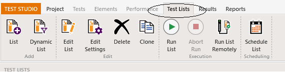 Test-Studio-E2E-Scheduling-07-Test-List-Tab The Test Studio menu bar with the Test Lists tab selected showing the options on the tab. The Test List tab itself is circled