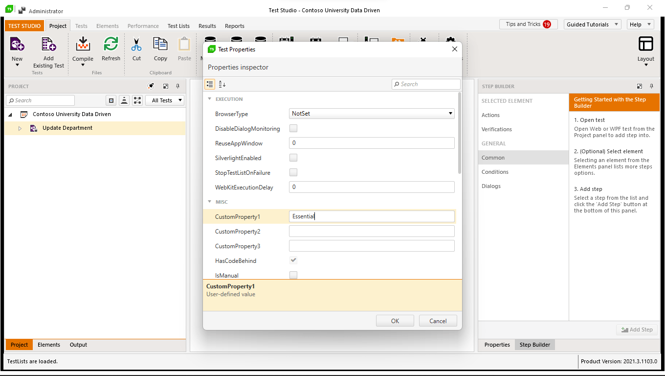 Test-Studio-E2E-Scheduling-10-Test-Properties The properties window for a test showing CustomProperty1 set to the text “Essential”