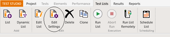 Test-Studio-E2E-Scheduling-11-Edit-Settings The Test Studio menu bar with the Test List tab selected. In the Edit Section, the Edit Settings icon is circled