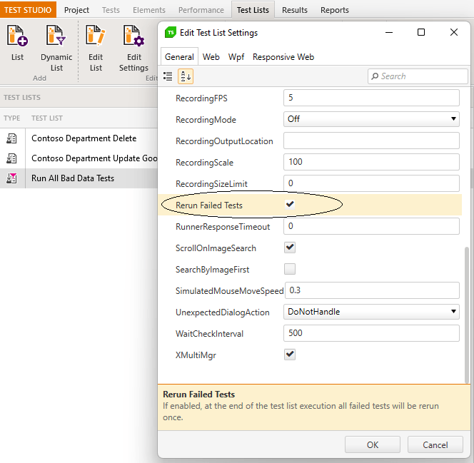 Test-Studio-E2E-Scheduling-12-Edit-Setting-Rerun-on-Failure The Edit Test List Settings dialog with the first tab – the General tab – selected. In the tab, the Rerun Failed Tests option checked. The option is highlighted and circled
