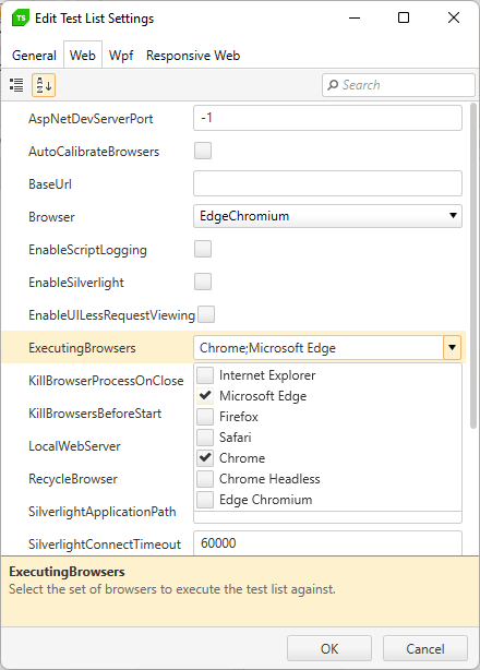 Test-Studio-E2E-Scheduling-13-Edit-Setting-Select-Browsers The Edit Test List Settings dialog with the Web tab selected. In the list of options, the Executing Browser dropdown list is expanded showing a list of browsers: Internet Explorer, Microsoft Edge, Firefox, etc. One of the entries is Chrome Headless (the list of browsers is circled). There is a checkbox beside each browser and two of the browsers – Microsoft Edge and Chrome – are checked off