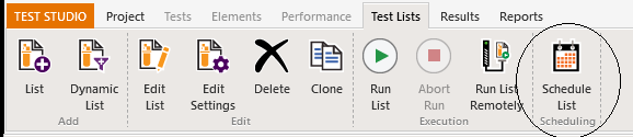 Test-Studio-E2E-Scheduling-14-Scheduling-Tests The Test Studio menu bar with the Test Lists tab selected. The menu choice at the right end – Schedule List – is circled