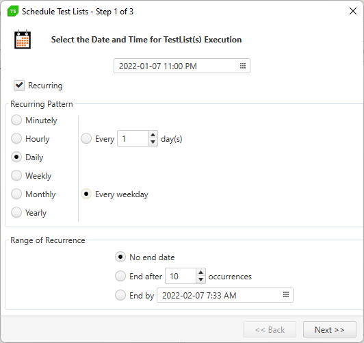 Test-Studio-E2E-Scheduling-15-Test-Schedule The Schedule Test Lists dialog on step 1 of 3 with the settings specified in the text. The page is titled “Select the Date and Time for TestList(s) Execution”