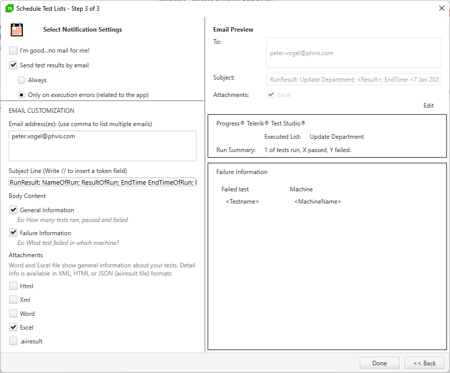 Test-Studio-E2E-Scheduling-17-Setting-Email-Options The third page of the Schedule Test Lists wizard, titled “Select Notification Settings.” The options described in the text have been taken and the preview of the email on the right shows (approximately) what the resulting email will look like.