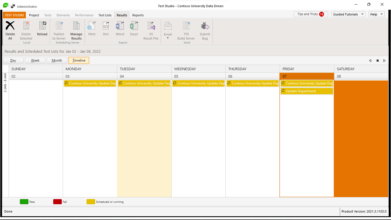 Test-Studio-E2E-Scheduling-18-Test-Schedule The Test Studio Results tab showing multiple scheduled test list runs for the current week using the Timeline view. The current day of the week (Friday) is highlighted and has two runs scheduled. In the top left there are options to select Day, Week, and Month views in addition to the Timeline view