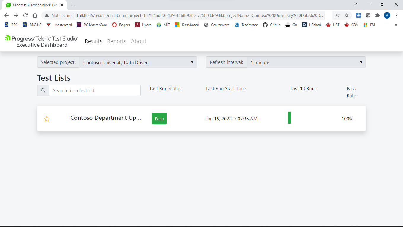 Test-Studio-E2E-Scheduling-19-Executive-Dashboard The Progress Telerik Test Studio Executive Dashboard web page showing the Contoso University Data Drive Test List. The first test list (name Contoso Department Up…) is shown with a large green Pass button, the data and time of the last run, and a bar graph showing that 100% of the last 10 runs have been successful