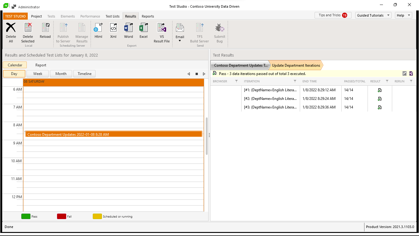 Test-Studio-E2E-Scheduling-19-Reviewing-Results The Test Studio Results tab in Day view, showing, on the left, a test list run between 8:00 and 9:00am. The test list is selected. On the right the results of the one of the tests are shown. It was a data driven test and was executed three times. All the steps passed.
