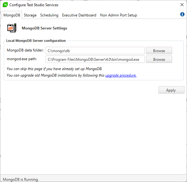 The initial tab of the Configure Test Studio Services tool showing the MongoDB tab