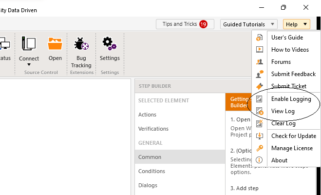 The upper right corner of the Test Studio window showing the Help dropdown list. The list is expanded to show all its choices. The Enable Logging and View Log options in the middle of the menu are selected.