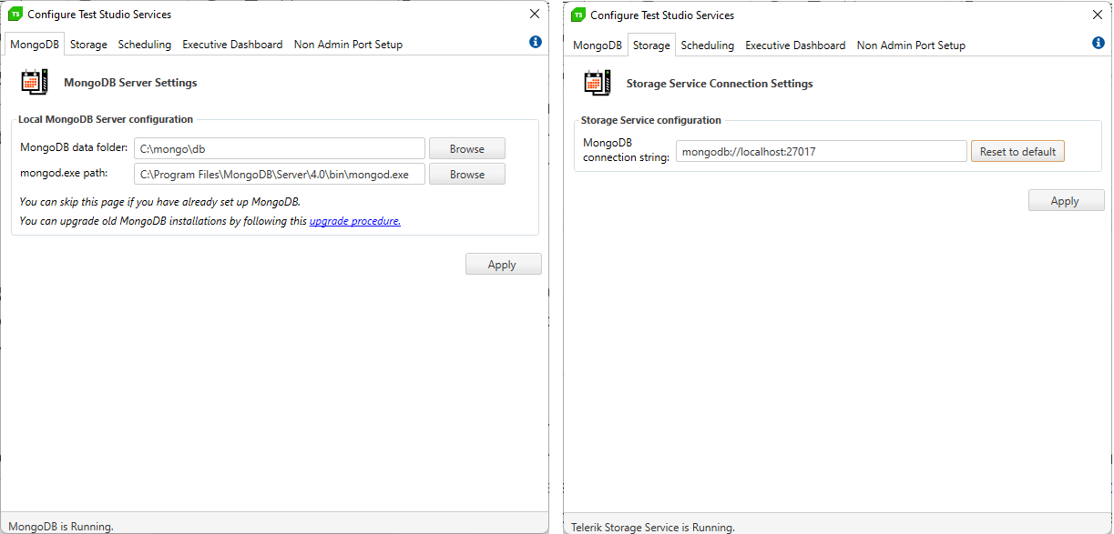 The two MongoDB-related tabs from the TSS Configuration tool (the first two tabs in the tool). The tab on the right is the first tab (labelled MongoDB) and has two textboxes that contain Mongo: The path to the MongoDB data folder and path to the MongoDB executable. The tab on the left, labelled Storage, has a single textbox with MongoDB connection string