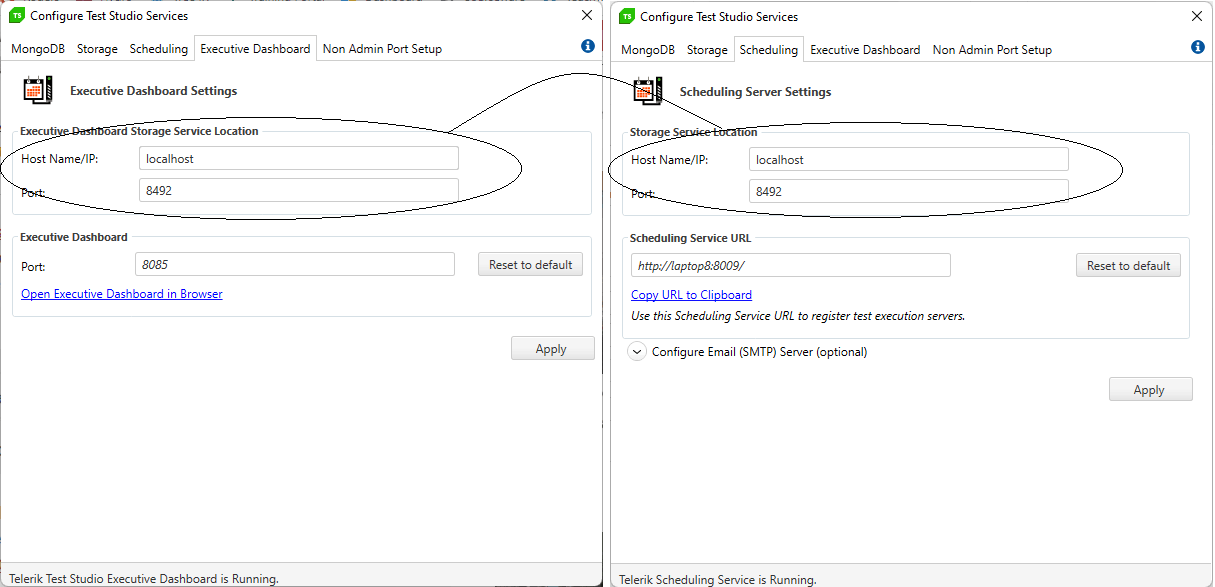 The Executive Dashboard tab and Scheduling tab from the TSS configuration tool. The Executive Dashboard on the left shows the textboxes holding the Host Name/IP and Port for the scheduling server. Below that is a textbox holding the Port to be used for the Executive Dashboard, a Reset to Default button and an Apply button. The Scheduling tab on the right also shows the Scheduling server’s Host Name/IP and Port (among other information). The Host Name/IP and port textboxes on each tab are circled and joined with a line