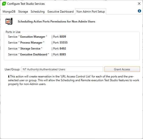 The Non Admin Port Setup tab in the TSS configuration tool, showing the ports specified/selected on the other tabs. The User/Group textbox specifies the NT Authority\Authenticated Users group. To the right of the textbox is the Grant Apply button