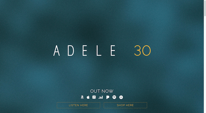 Adele home page hero The singer Adele’s home page has a simple hero section. It says “ADELE 30” in the center, against a muddled turquoise background.