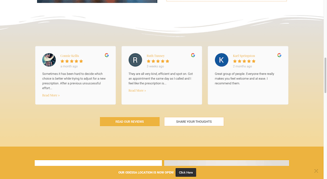 Beyond 2020 Google reviews Halfway down the Beyond 2020 home page, there is a section containing 3 Google review cards. Beneath the reviews are two buttons: “Read Our Reviews” and “Share Your Thoughts”.