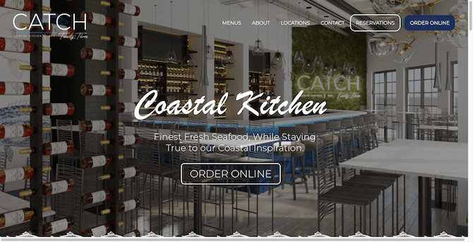 Catch Twenty-Three home page The home page for Catch Twenty-Three, a seafood restaurant in Tampa, FL. The hero image reads “Coastal Kitchen - Finest Fresh Seafood, While Staying True to our Coastal Inspiration”. Followed by a button that says “Order Online”.