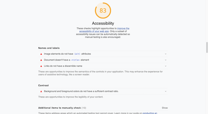 Core Web Vitals Accessibility score A Core Web Vitals analysis shows an Accessibility score of 83. Under a description of why Accessibility is important, “Names and labels” and “Contrast” suggestions are provided.