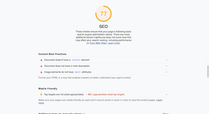 Core Web Vitals SEO score A Core Web Vitals analysis shows an SEO score of 77. Under a description of why SEO is important, “Content Best Practices” and “Mobile Friendly” suggestions are provided.