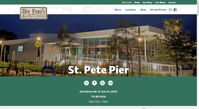 Doc Ford’s social media links On the home page for Doc Ford’s Rum Bar & Grille at the St. Pete Pier, there are social media links for Instagram, Facebook, Yelp, and Tripadvisor.