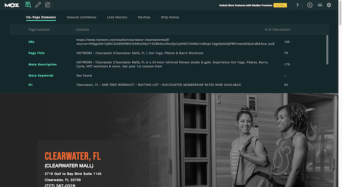 HOTWORX Clearwater with MozBar The MozBar browser extension is open for the HOTWORX Clearwater landing page. The user is currently looking at “On-Page Elements”, which includes tags for URL, Page Title, Meta Description, Meta Keywords, and H1.