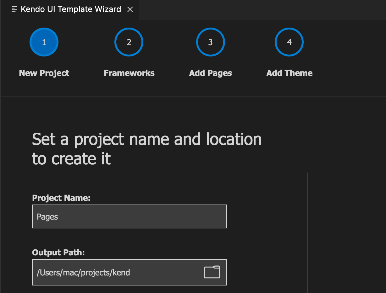 kendo-ui-wizard-prompt kendo-ui-wizard-prompt with spot for project name and output path