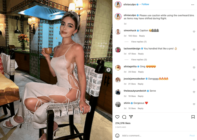 Olivia Culpo on Instagram An Instagram post from influencer @oliviaculpo. The caption reads “Please use caution while using the overhead bins as items may have shifted during flight.” On the left is a photo of the model, wearing a beige dress that reveals the full side length of her body.