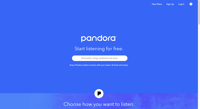Pandora hero section The Pandora home page has a solid blue background with white wording in the middle. Below the pandora logo, it reads “Start listening for free”. There’s a white search bar that invites visitors to “Find artists, songs, podcasts and more”.