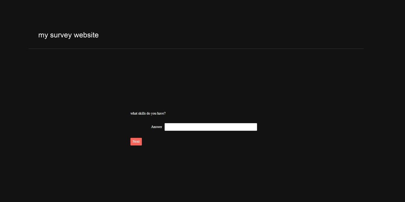 React-survey-website-with-Remix-complete has header 'My survey website' and question ‘what skills do you have’ with a form field to answer