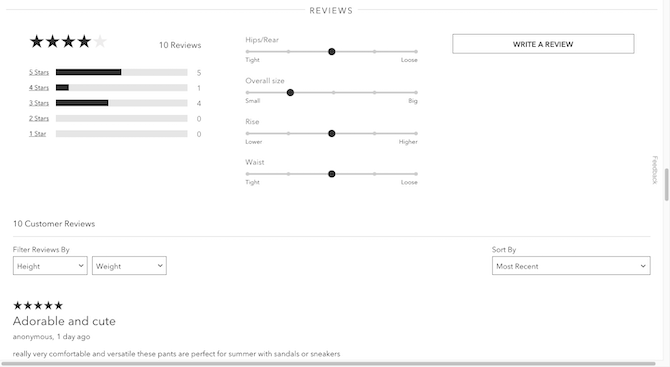 Athleta customer reviews On the Athleta website, shoppers can look at customer reviews. Beside the average review bar chart is a slider that gauges how true-to-size their products are based on customer input. This slider displays information on Hips/Rear, Overall size, Rise, and Waist.